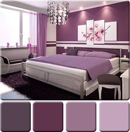 monochromatická schéma použitá v spálni v odtieňoch fialovej
