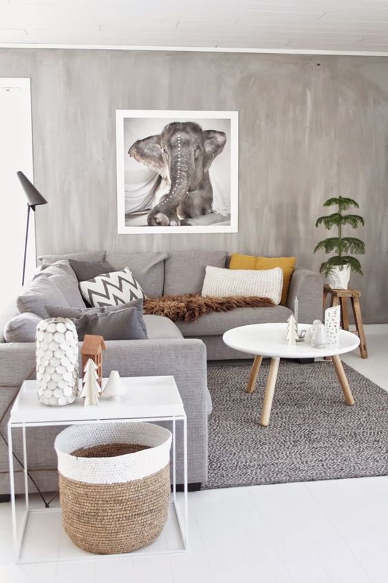 moderní obývací pokoj v šedých barvách