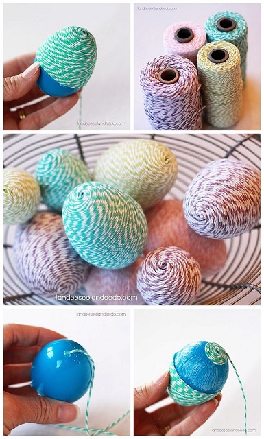 vajíčka zdobené barevnými bavlnkami 