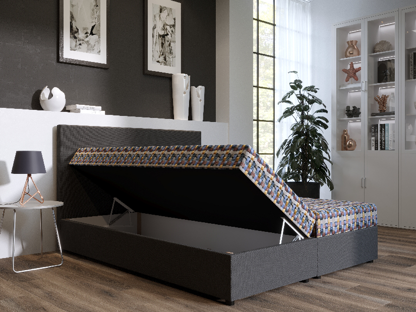 Manželská posteľ Boxspring 180 cm Skonto Comfort (tmavosivá + vzor pletený) (s matracom a úložným priestorom)