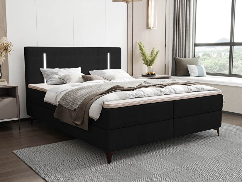 Manželská posteľ 200 cm Ortega Comfort (čierna) (s roštom a matracom, s úl. priestorom) (s LED osvetlením)