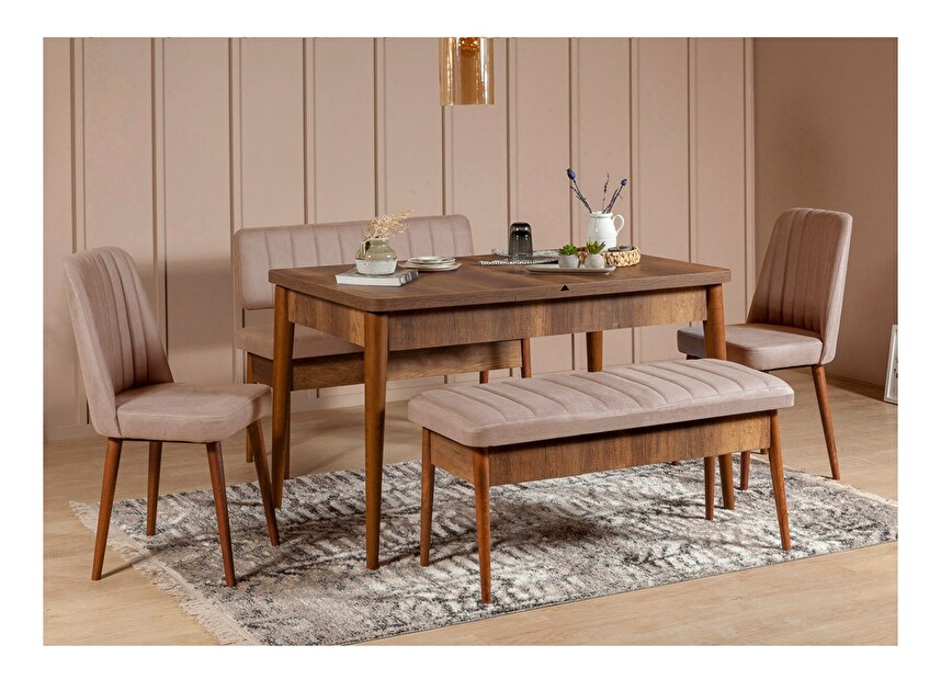 Rozkladací jedálenský stôl s 2 stoličkami a 2 lavicami Vlasta (orech + sivá)