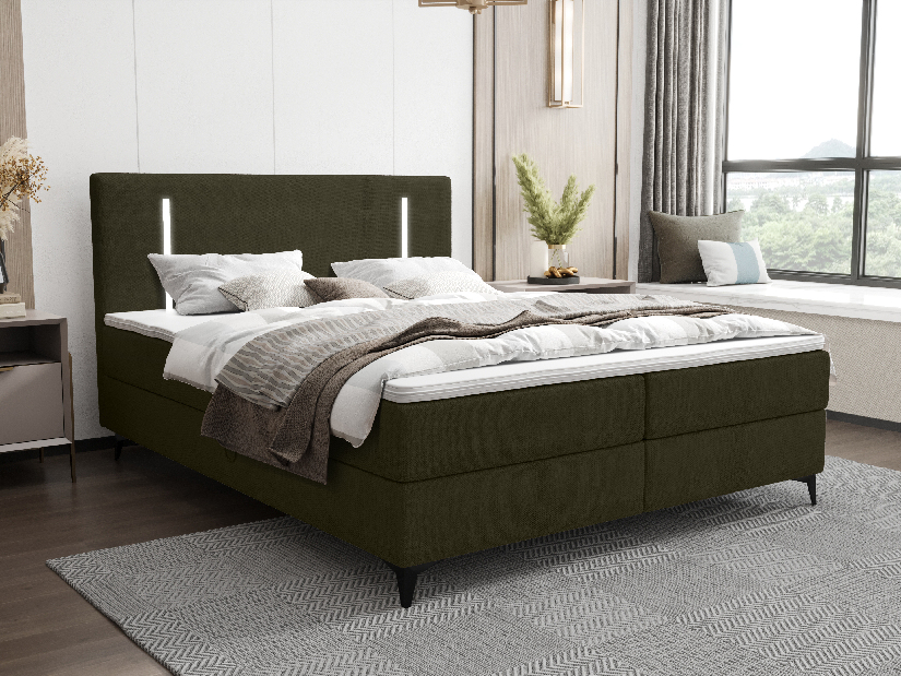 Manželská posteľ 160 cm Ortega Comfort (olivová zelená) (s roštom a matracom, s úl. priestorom) (s LED osvetlením)