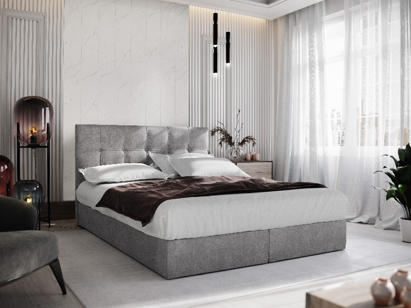 Manželská posteľ Boxspring 140 cm Porto (sivá) (s matracom a úložným priestorom)