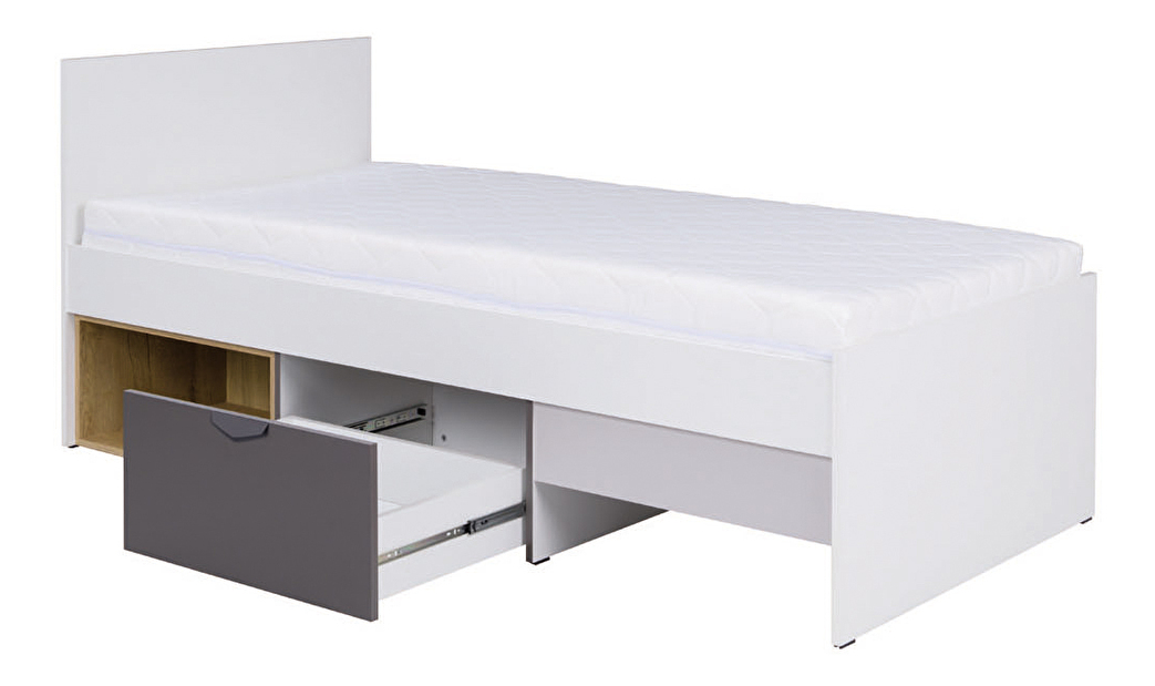 Jednolôžková posteľ 90x200 cm Juna 15 (biela + grafit + sivá + dub lefkas) (s roštom)