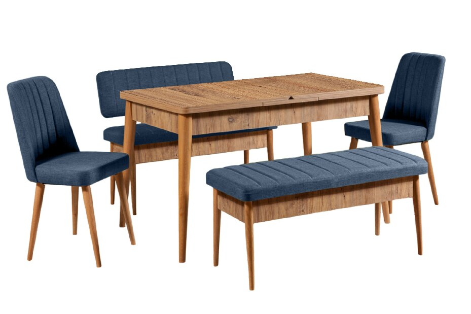 Rozkladací jedálenský stôl s 2 stoličkami a 2 lavicami Vlasta (orech + tmavomodrá)