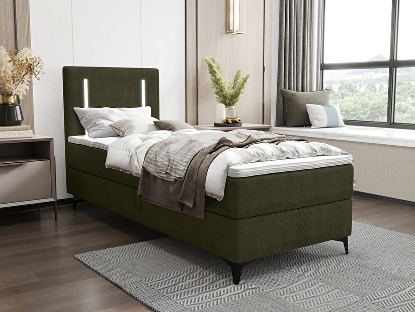 Jednolôžková posteľ 80 cm Ortega Comfort (olivová zelená) (s roštom a matracom, s úl. priestorom) (s LED osvetlením)