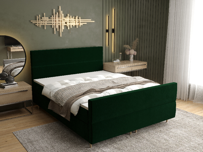 Manželská posteľ Boxspring 140 cm Flu plus (tmavozelená) (s matracom a úložným priestorom)