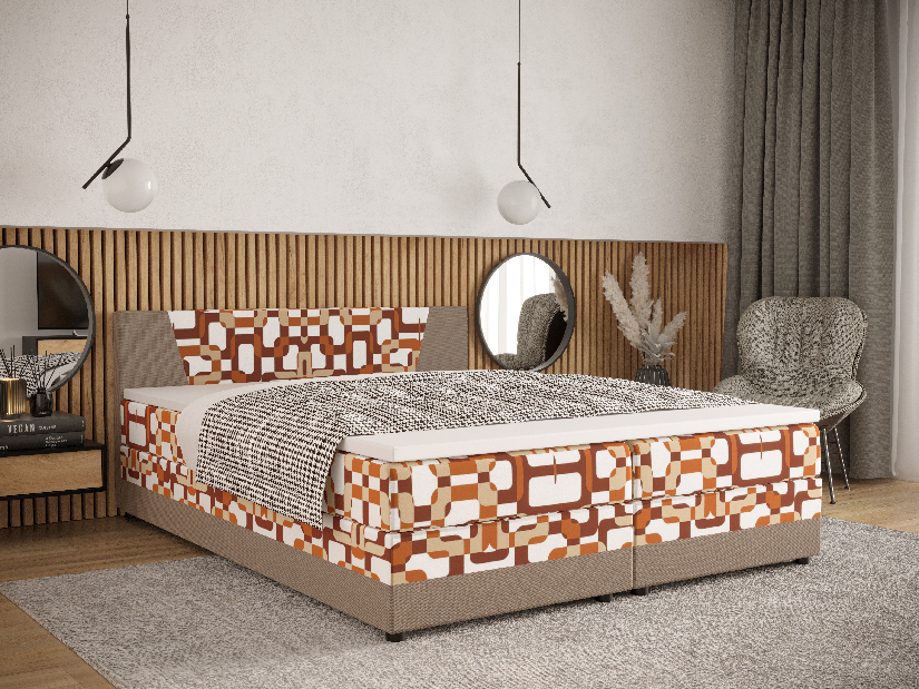 Manželská posteľ Boxspring 140 cm Linda Comfort (vzor + svetlohnedá) (s matracom a úložným priestorom)