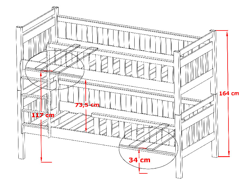 Detská posteľ 90 x 200 cm KARLA (s roštom a úl. priestorom) (borovica)