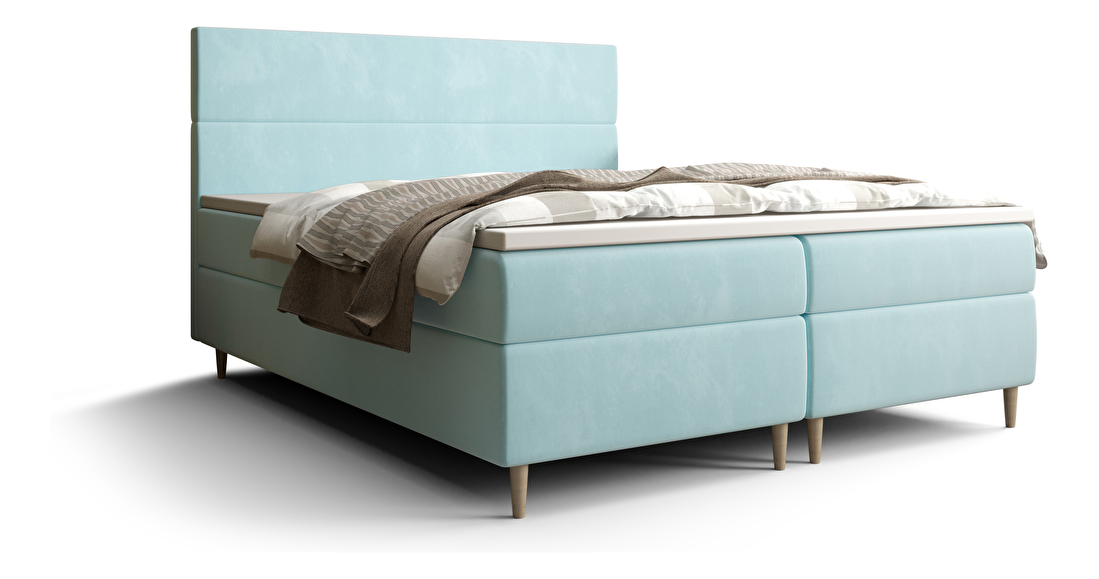 Manželská posteľ Boxspring 160 cm Flu (svetlomodrá) (s matracom a úložným priestorom)