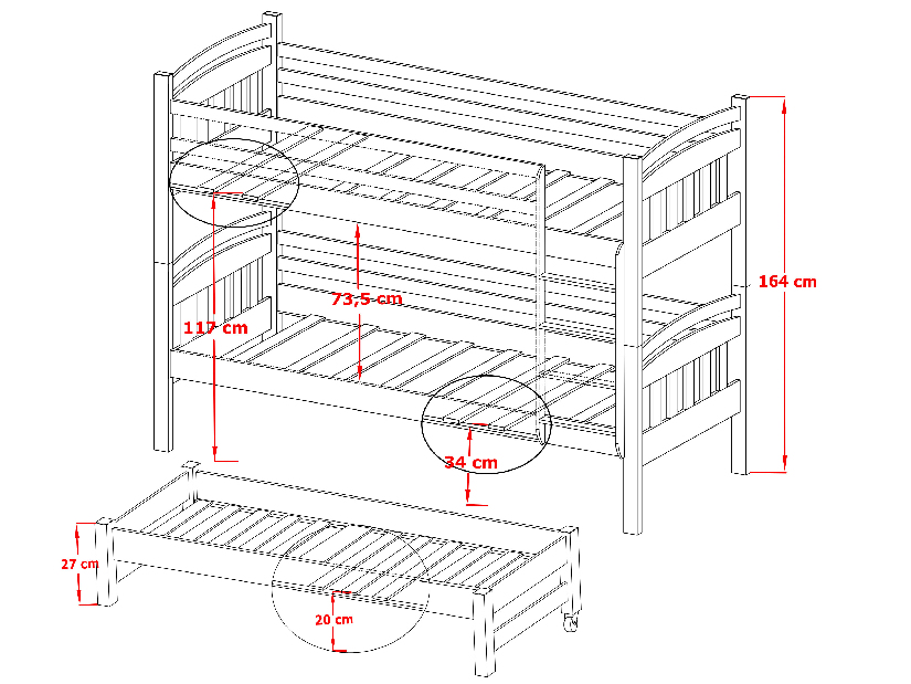 Detská posteľ 90 x 190 cm ANIE (s roštom a úl. priestorom) (borovica)