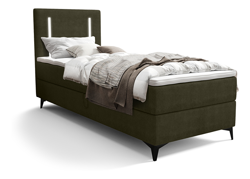 Jednolôžková posteľ 80 cm Ortega Comfort (olivová zelená) (s roštom a matracom, s úl. priestorom) (s LED osvetlením)