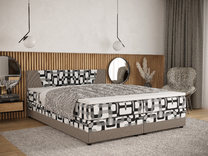 Manželská posteľ Boxspring 140 cm Linda Comfort (vzor + sivohnedá) (s matracom a úložným priestorom)