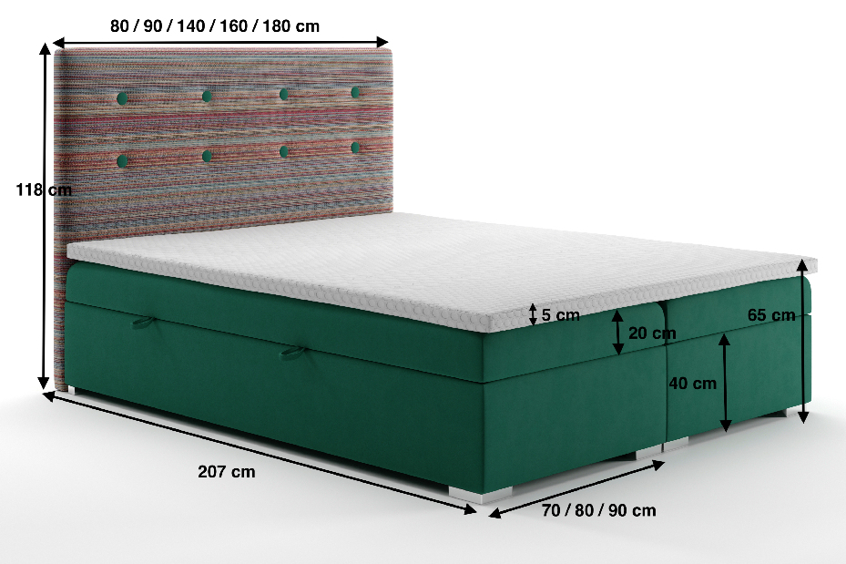 Kontinentálna posteľ 180 cm Rinoletto (tmavozelená + viacfarebné) (s úložným priestorom)