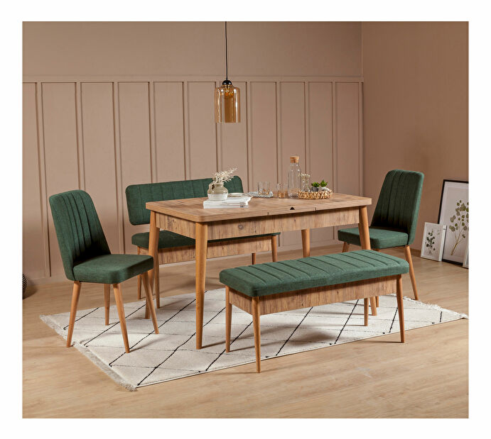 Rozkladací jedálenský stôl s 2 stoličkami a 2 lavicami Vlasta (borovica antlantic + zelená)