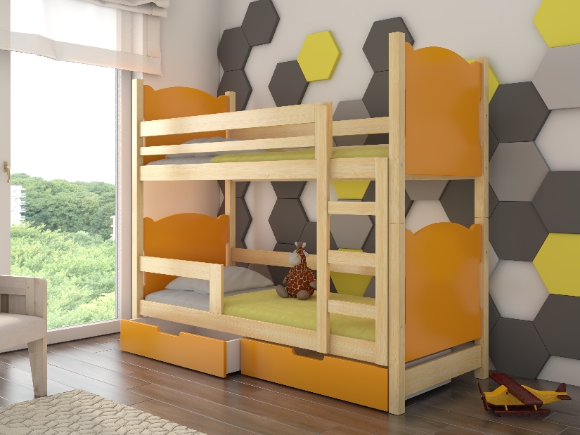Poschodová detská posteľ 180x75 cm Marryann (s roštom a matracom) (borovica + oranžová)