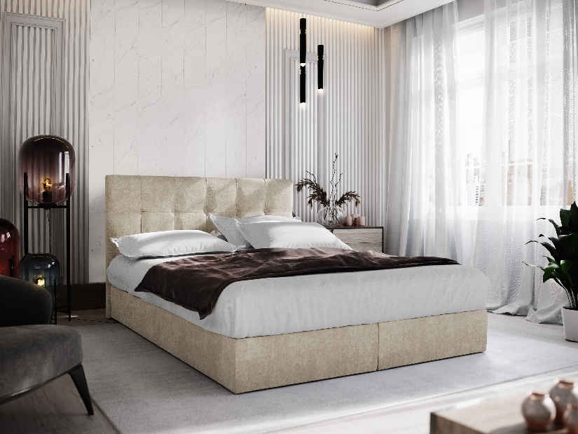 Manželská posteľ Boxspring 160 cm Porto (béžová) (s matracom a úložným priestorom)