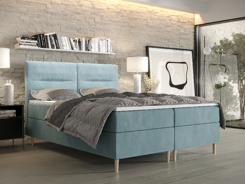 Manželská posteľ Boxspring 160 cm Saruta (sivomodrá) (s matracom a úložným priestorom)