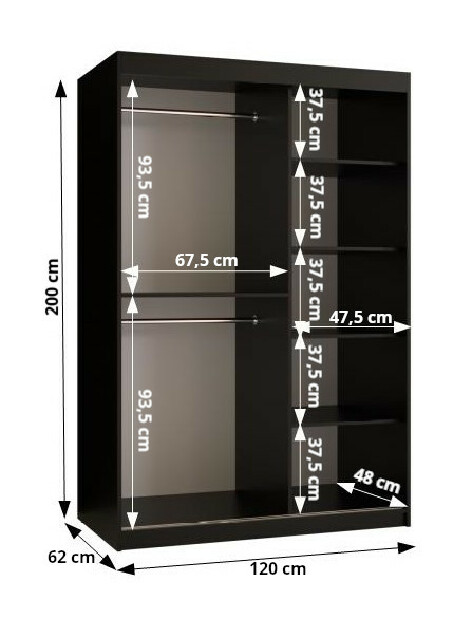 Šatníková skriňa so zrkadlom 120 cm Riana Wa 2 120 (biela + čierna)