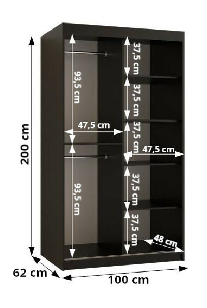 Šatníková skriňa so zrkadlom 100 cm Riana Wa 2 100 (čierna)