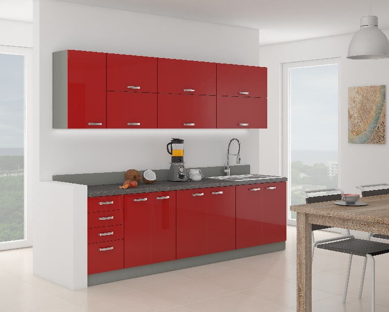 Kuchyňa Roslyn 260 cm (sivá + červená)