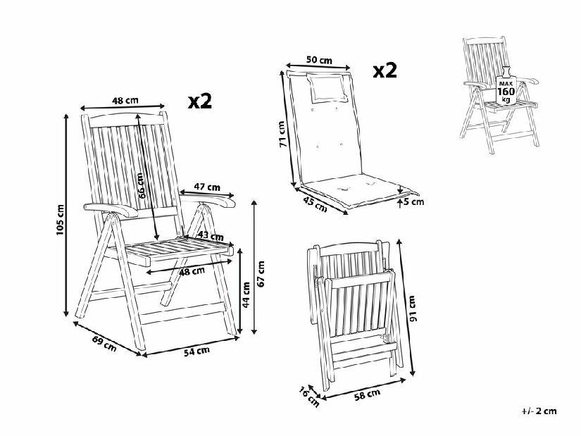 Set 2 ks záhradných stoličiek Amati (tmavé drevo + sivá)
