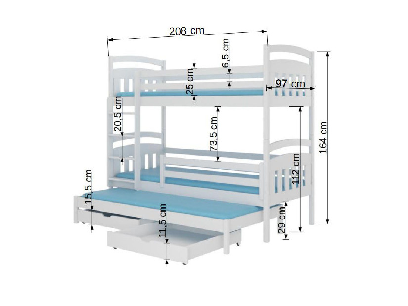 Poschodová detská posteľ 200x90 cm Aladar (s roštom a matracom) (biela)