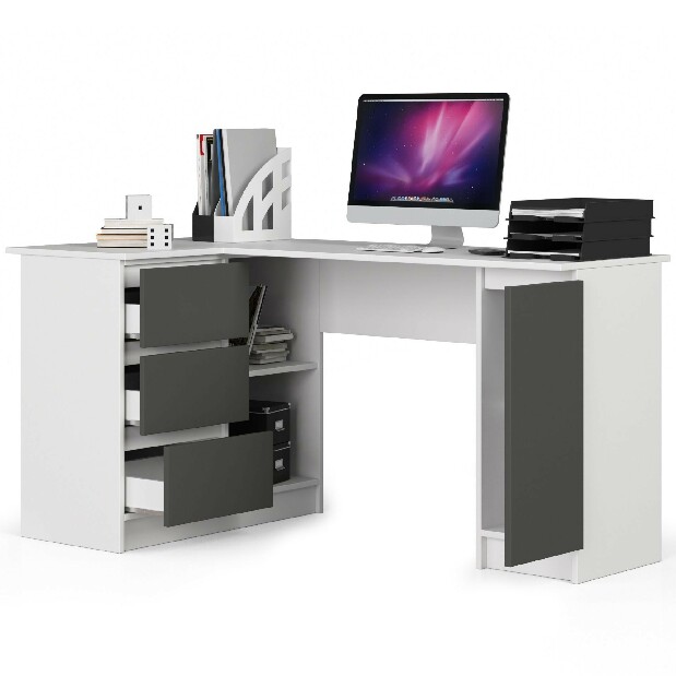 Rohový PC stolík Bevin (biela + sivá) (L)