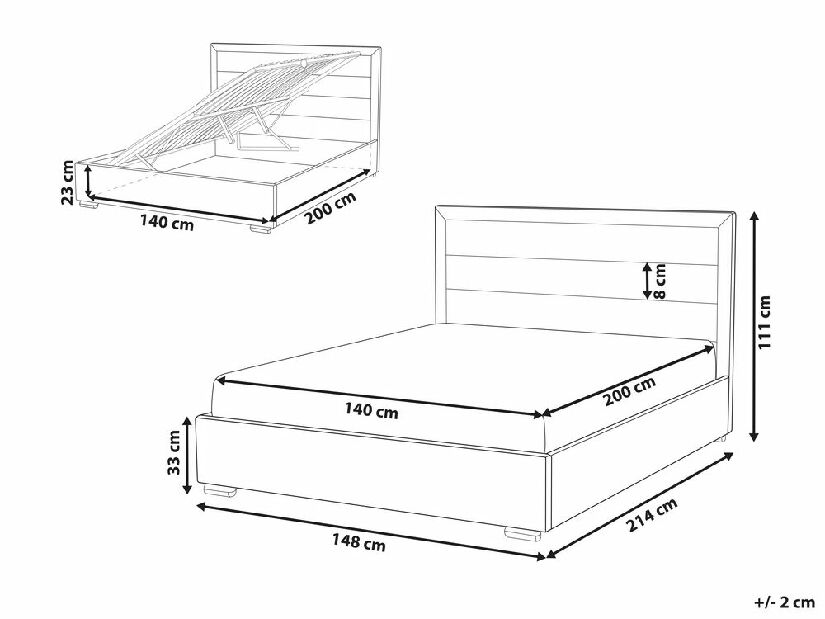 Manželská posteľ 140 cm Ruthine (sivá) (s roštom a úložným priestorom)