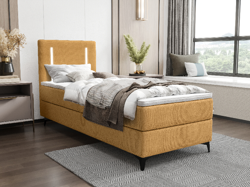 Jednolôžková posteľ 80 cm Ortega Comfort (horčicová) (s roštom a matracom, s úl. priestorom) (s LED osvetlením)