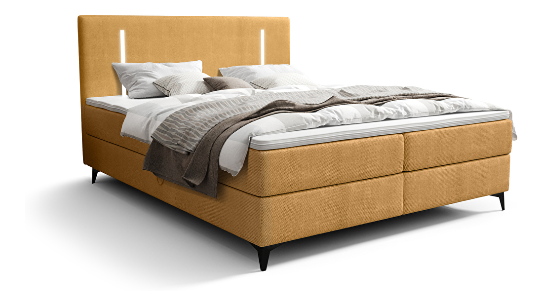 Manželská posteľ 140 cm Ortega Comfort (horčicová) (s roštom a matracom, s úl. priestorom) (s LED osvetlením)