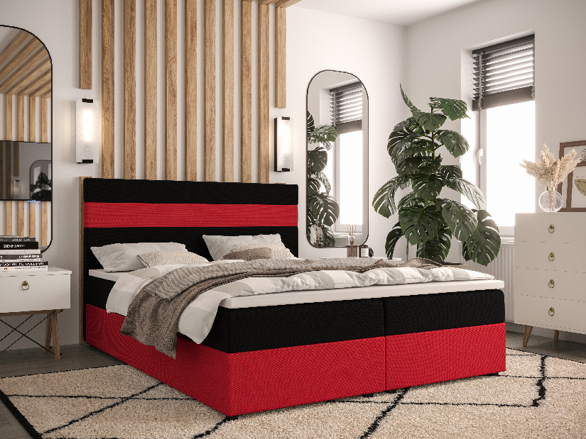 Manželská posteľ Boxspring 160 cm Locos (tmavohnedá + červená) (s matracom a úložným priestorom)