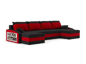 Rohová sedačka Savita (čierna + červená) (s poličkou a taburetkou) (L)