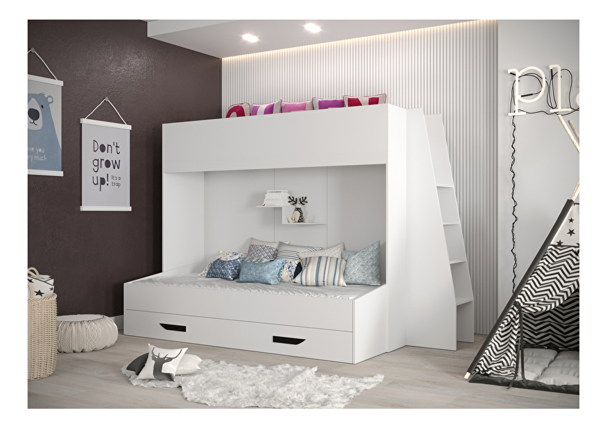 Detská kombinovaná posteľ 90 cm Puro 17 (matná biela + biely lesk + čierne úchytky)