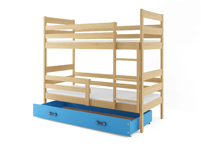 Poschodová posteľ 90 x 200 cm Eril B (borovica + modrá) (s roštami, matracmi a úl. priestorom)