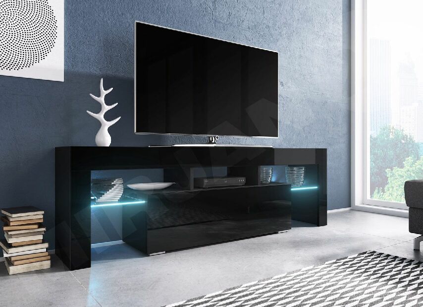 TV stolík/skrinka Gordo 138 (čierna + čierny lesk) (s LED osvetlením) *výpredaj