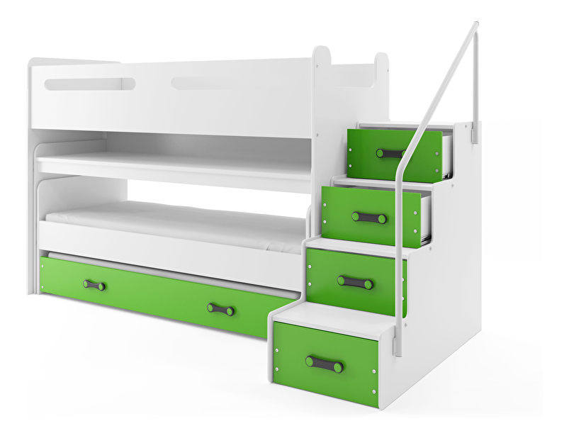 Poschodová posteľ 80 x 200 cm Moxxo 1 (biela + zelená) (s roštami, matracmi a úl. priestorom)