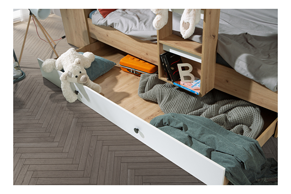 Detská kombinovaná posteľ 90 cm Sami 2 (dub artisan + matná čierna + biele madlá)
