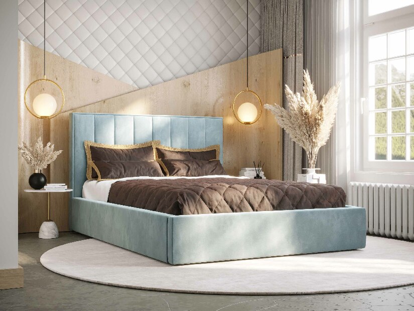 Manželská posteľ 180 cm Ocie (modrá) (s roštom a úložným priestorom)