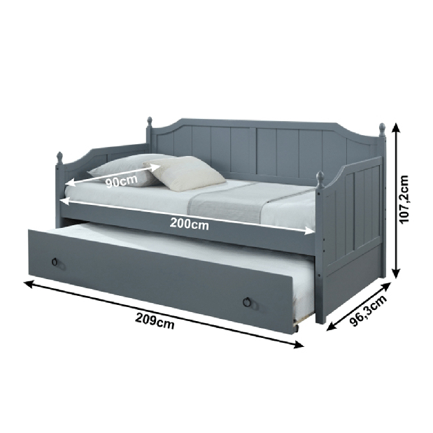 Jednolôžková posteľ s prístelkou 90 cm Byrma (sivá) (s roštami)