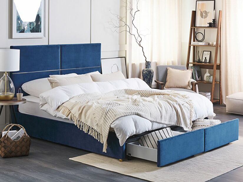 Manželská posteľ 160 cm Vissarion (modrá) (s roštom a úložným priestorom)