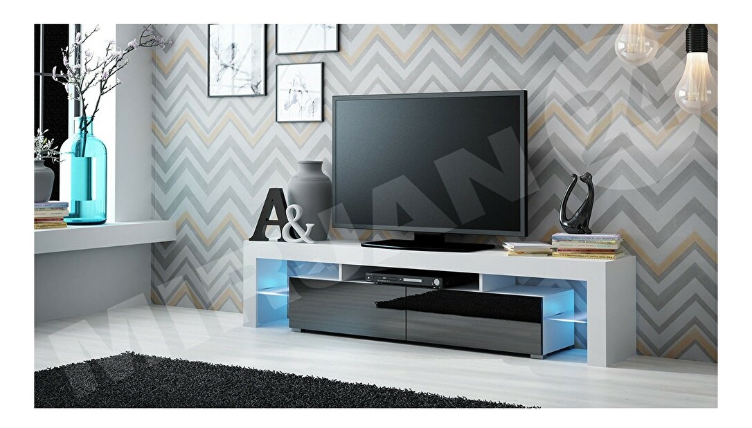 TV skrinka Mirjan Milos (biely + čierny lesk) (osvetlenie LED modré)