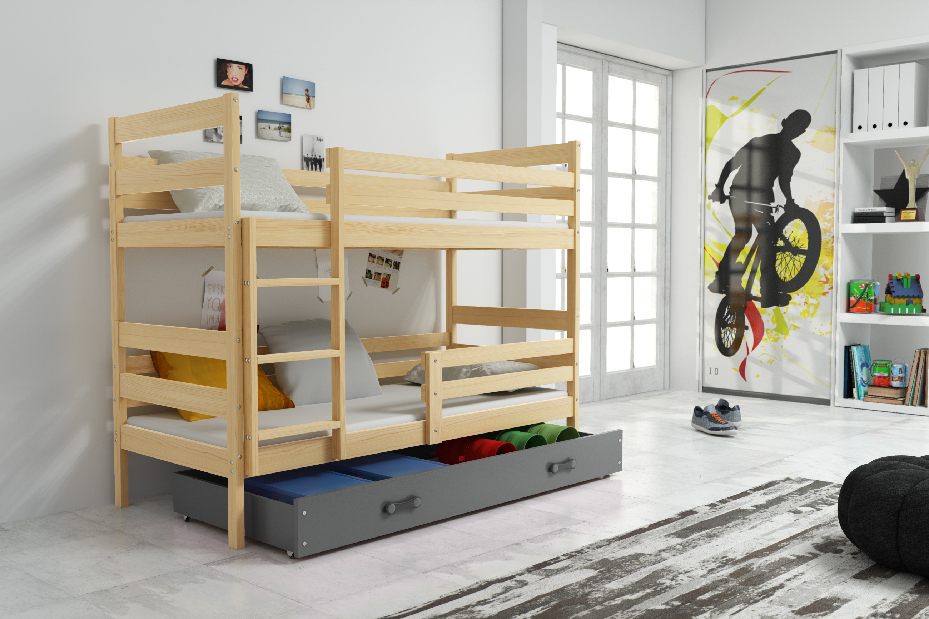 Poschodová posteľ 80 x 190 cm Eril B (borovica + grafit) (s roštami, matracmi a úl. priestorom)