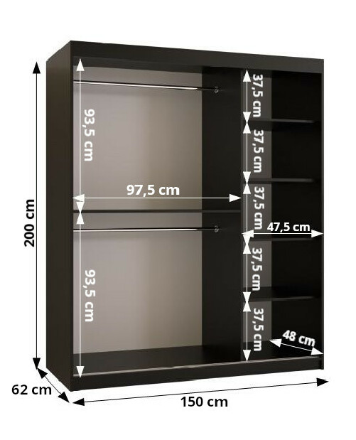Šatníková skriňa so zrkadlom 150 cm Riana Slimo 2 150 (čierna + biela matná)