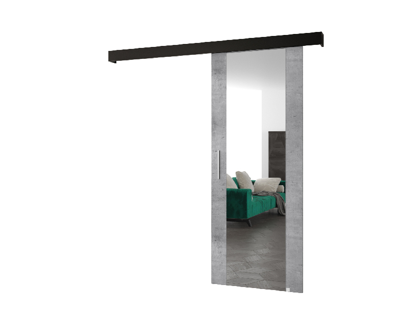 Posuvné dvere 90 cm Sharlene II (betón + čierna matná + strieborná) (so zrkadlom)