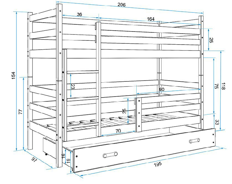 Poschodová posteľ 90 x 200 cm Eril B (biela + grafit) (s roštami, matracmi a úl. priestorom)