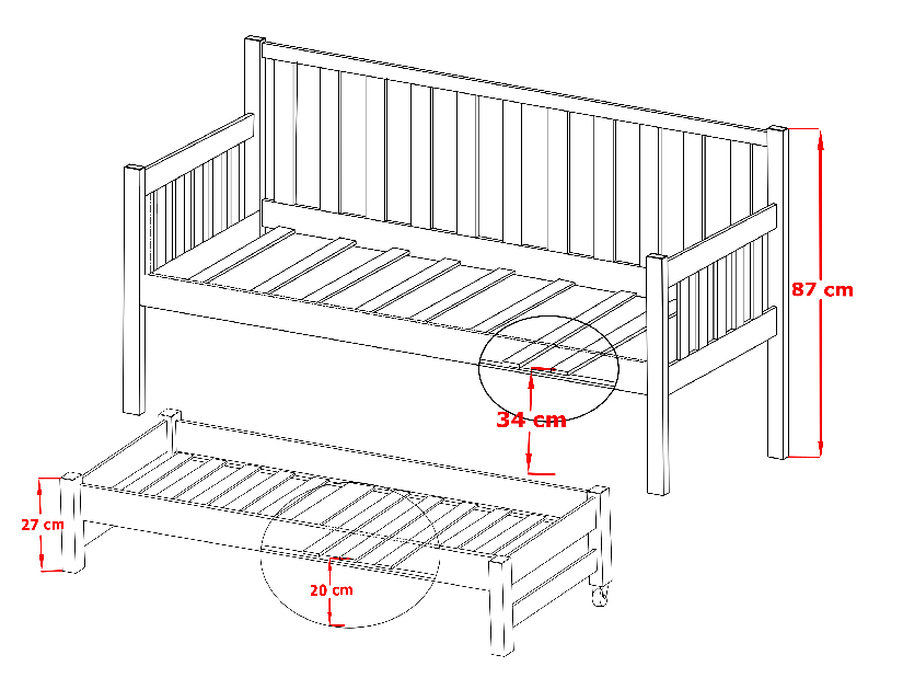 Detská posteľ 90 x 190 cm SUZI (s roštom a úl. priestorom) (buk)