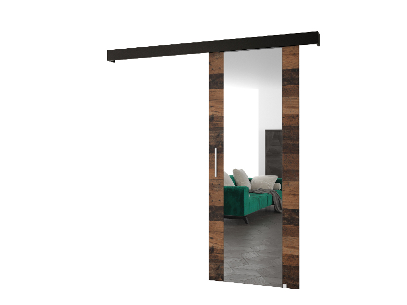 Posuvné dvere 90 cm Sharlene II (drevo old style + čierna matná + strieborná) (so zrkadlom)