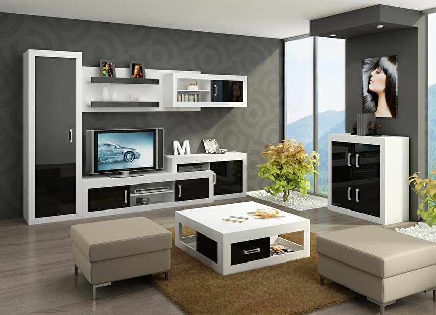 Obývacia izba Verin 3 Biela + Lesk čierny